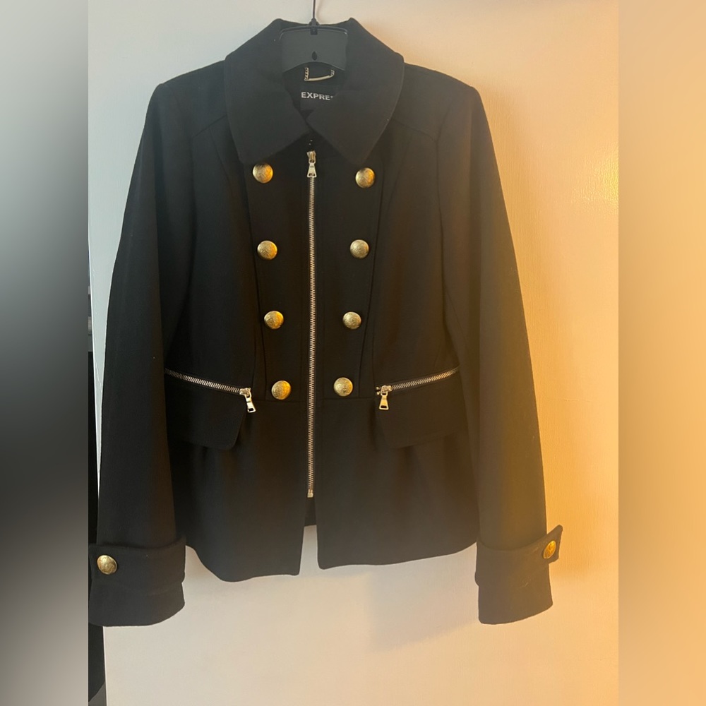 Express Black Wool Blend Peplum Jacket Full Zip Waist Pea Coat Size M